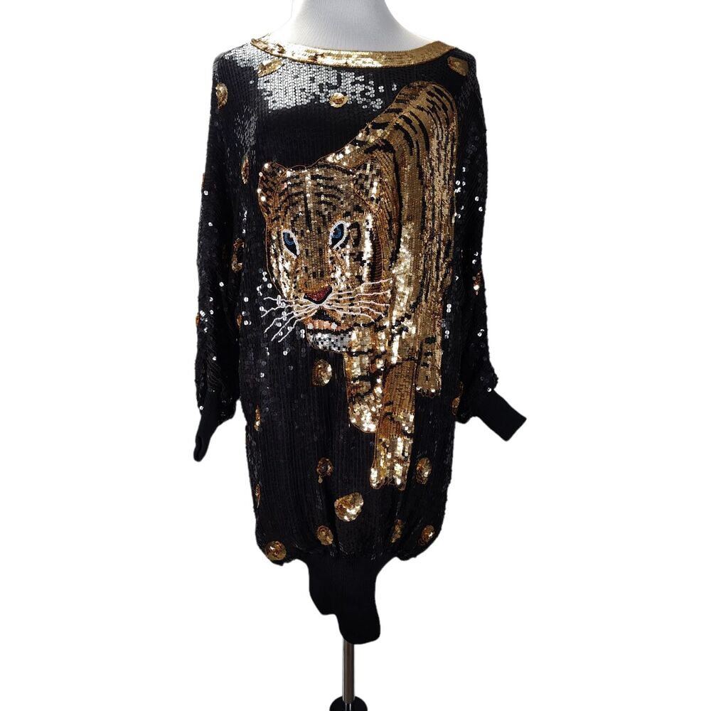 Vintage 80s Oversized Sequin Tiger Silk Top Size M Batwing Sleeve Gold Black